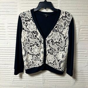 Monteau Pleated Lace Button Up Blouse Black & White Size Medium‎